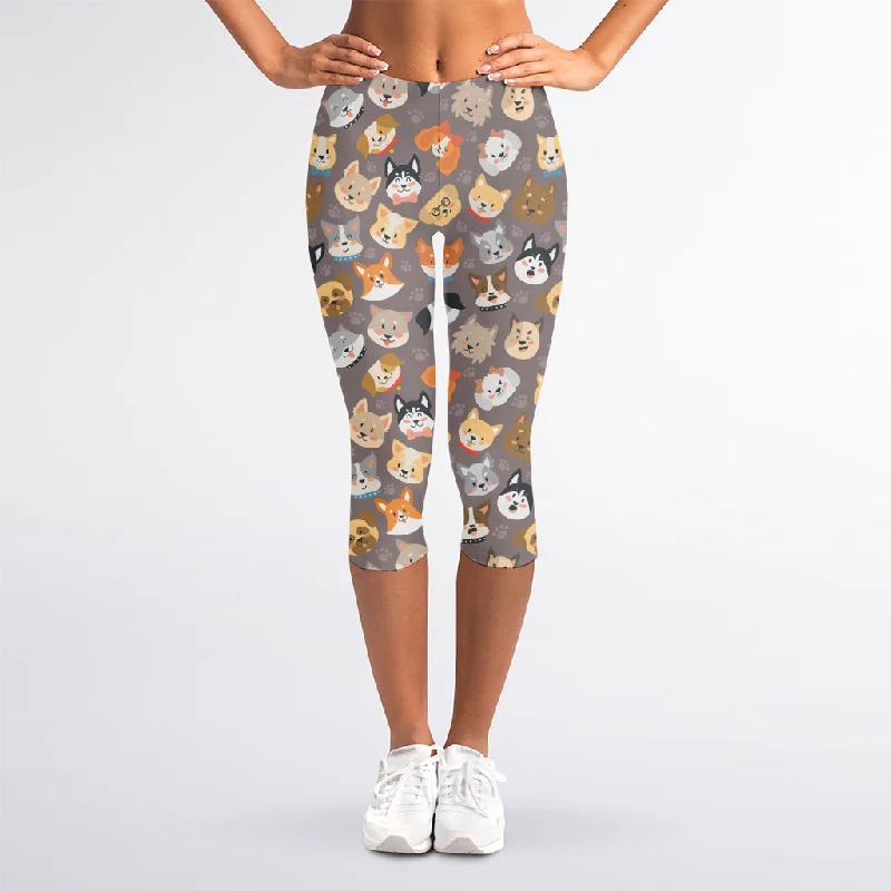 Cute Dog Emoji Pattern Print Women's Capri Leggings