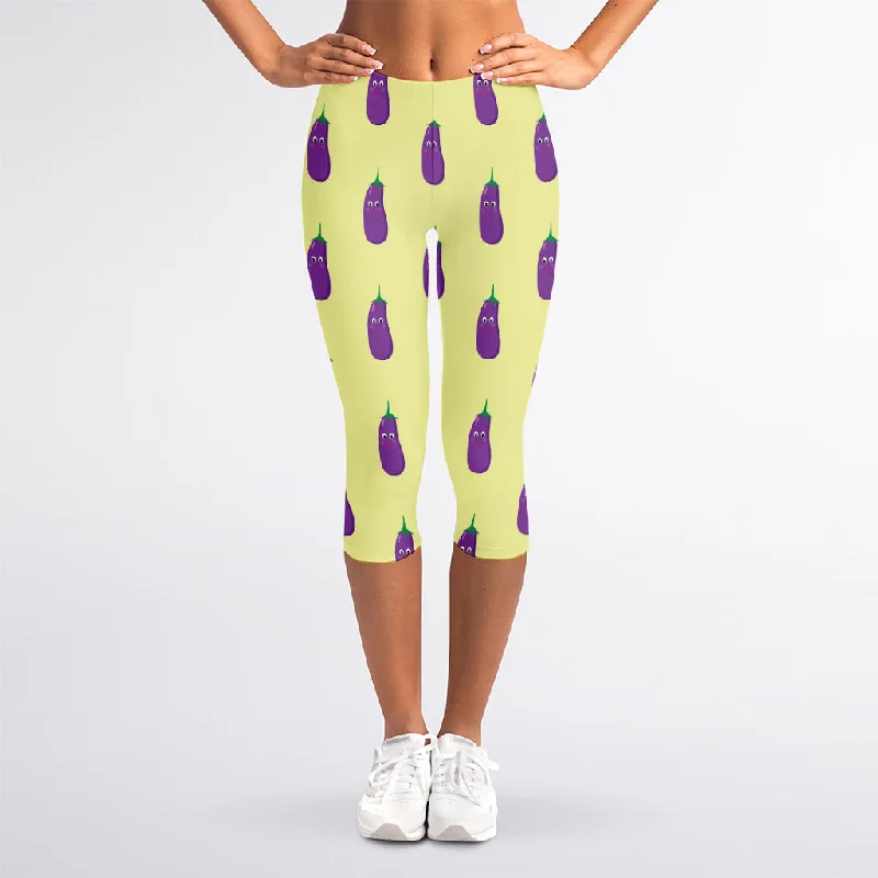 Cute Eggplant Pattern Print Women's Capri Leggings