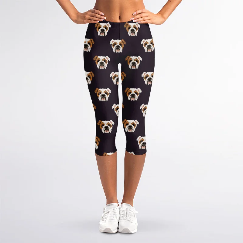 Cute English Bulldog Pattern Print Women's Capri Leggings