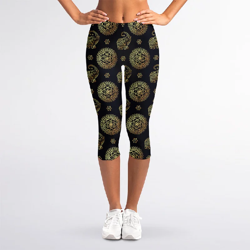 Cute Gold Boho Elephant Pattern Print Women's Capri Leggings