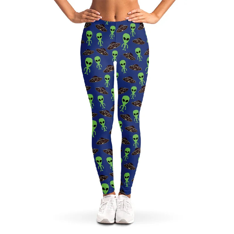 Cute Green Alien UFO Print Women's Leggings