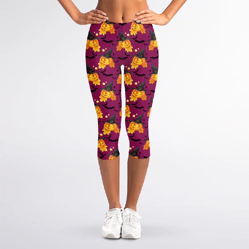 Cute Halloween Pumpkin Witch Print Women's Capri Leggings