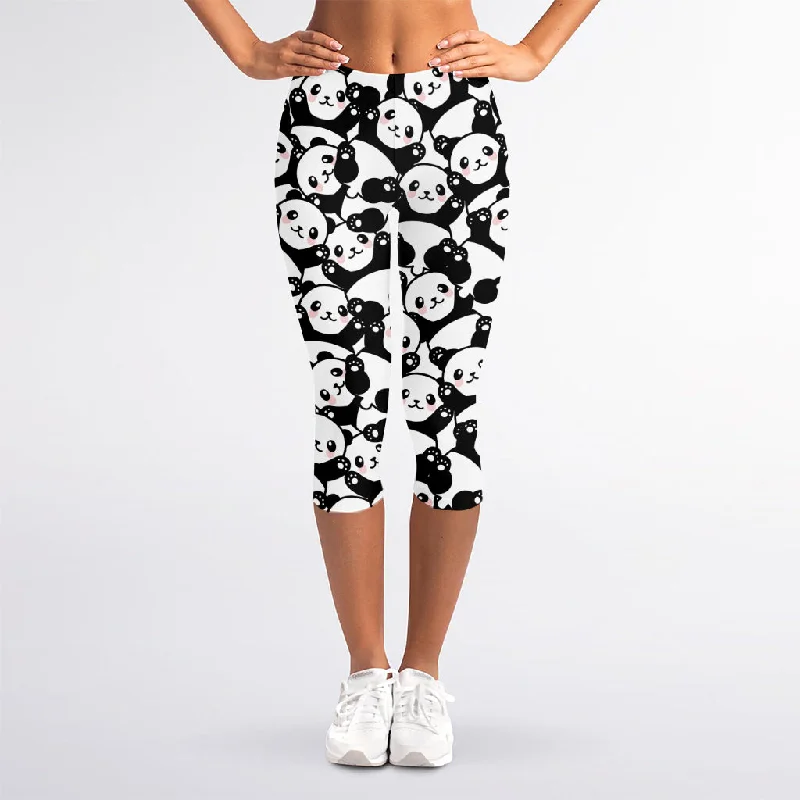 Cute Happy Panda Pattern Print Women's Capri Leggings