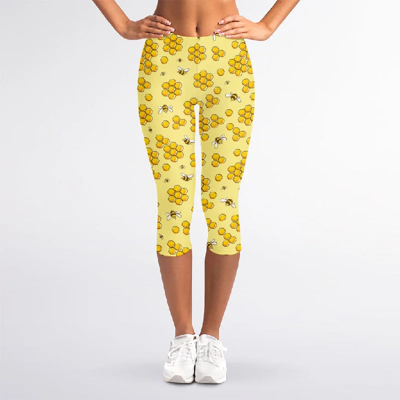 Cute Honey Bee Pattern Print Women's Capri Leggings