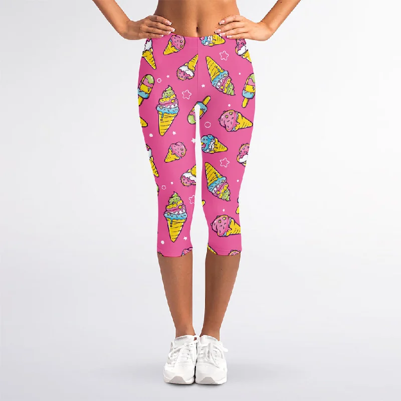 Cute Ice Cream Pattern Print Women's Capri Leggings