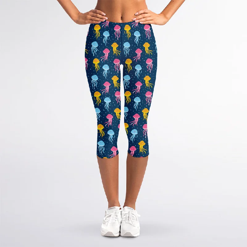 Cute Jellyfish Pattern Print Women's Capri Leggings