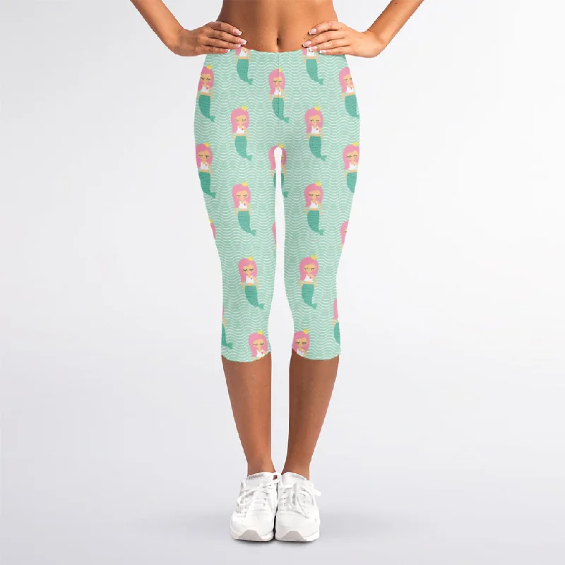 Cute Mermaid Pattern Print Women's Capri Leggings