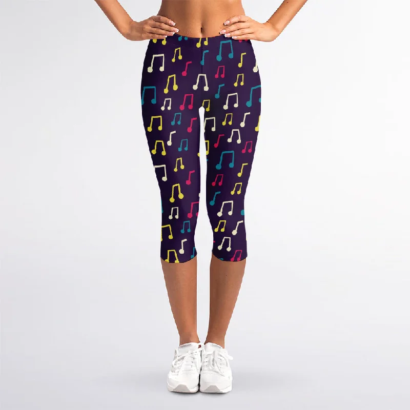 Cute Music Notes Pattern Print Women's Capri Leggings