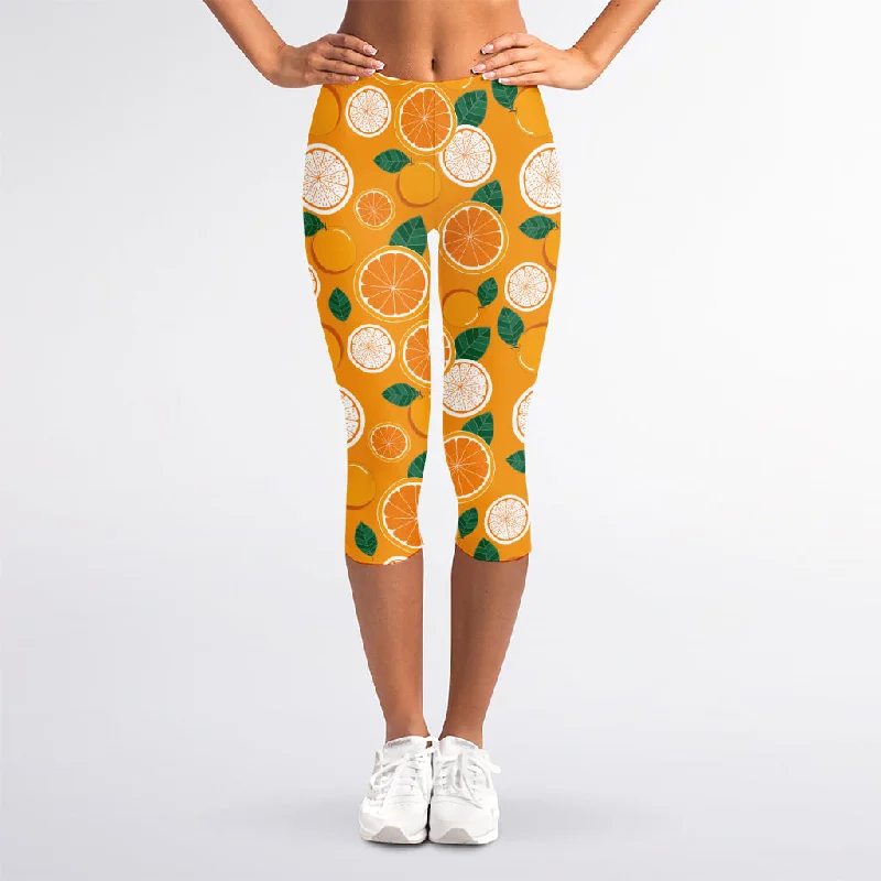 Cute Orange Fruit Pattern Print Women's Capri Leggings