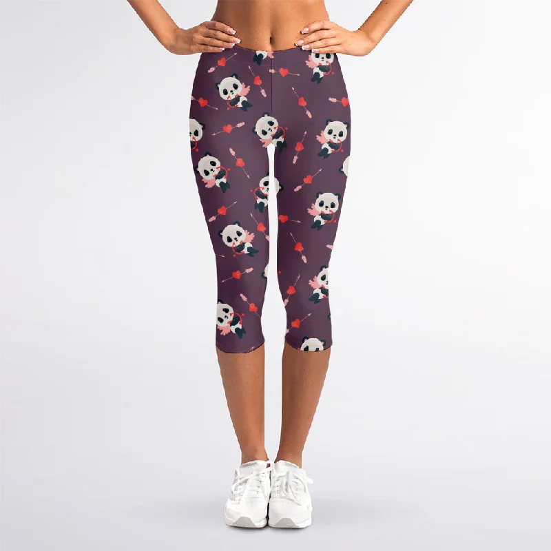 Cute Panda Cupid Valentine Pattern Print Women's Capri Leggings