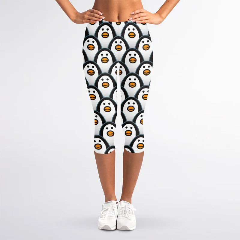 Cute Penguin Face Pattern Print Women's Capri Leggings