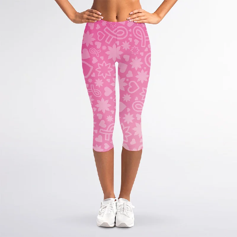 Cute Pink Breast Cancer Pattern Print Women's Capri Leggings