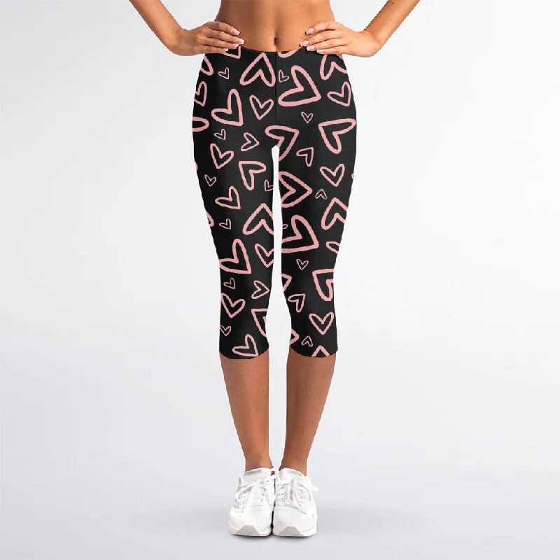 Cute Pink Heart Pattern Print Women's Capri Leggings