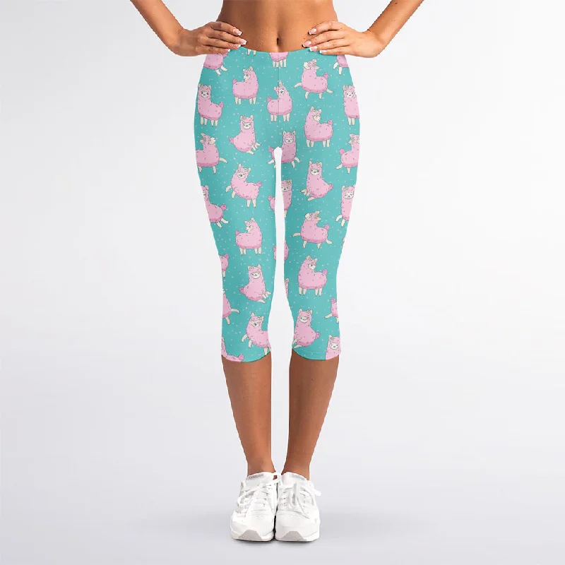 Cute Pink Llama Pattern Print Women's Capri Leggings