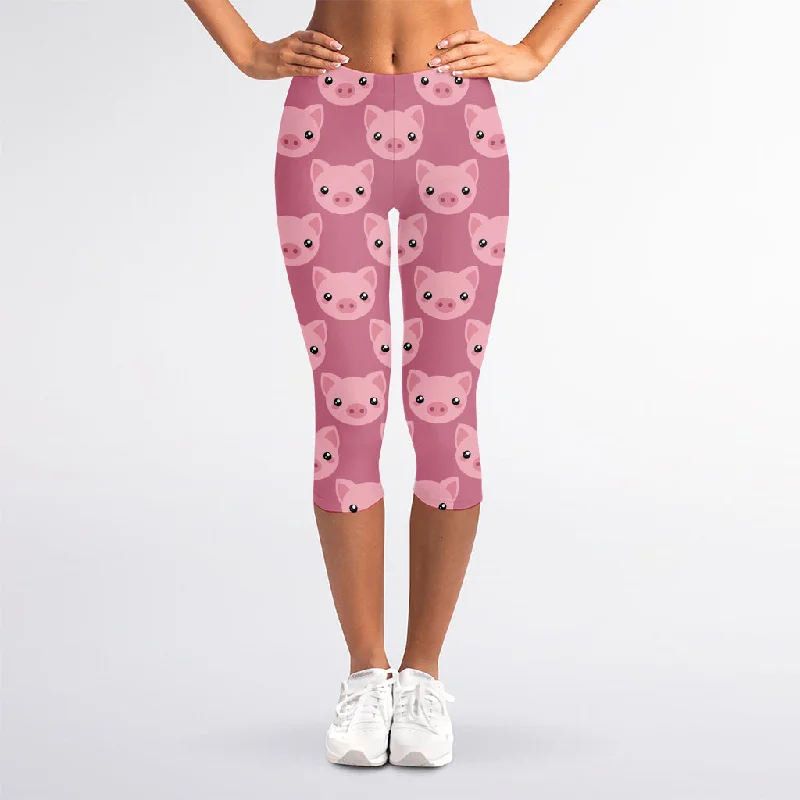 Cute Pink Pig Pattern Print Women's Capri Leggings