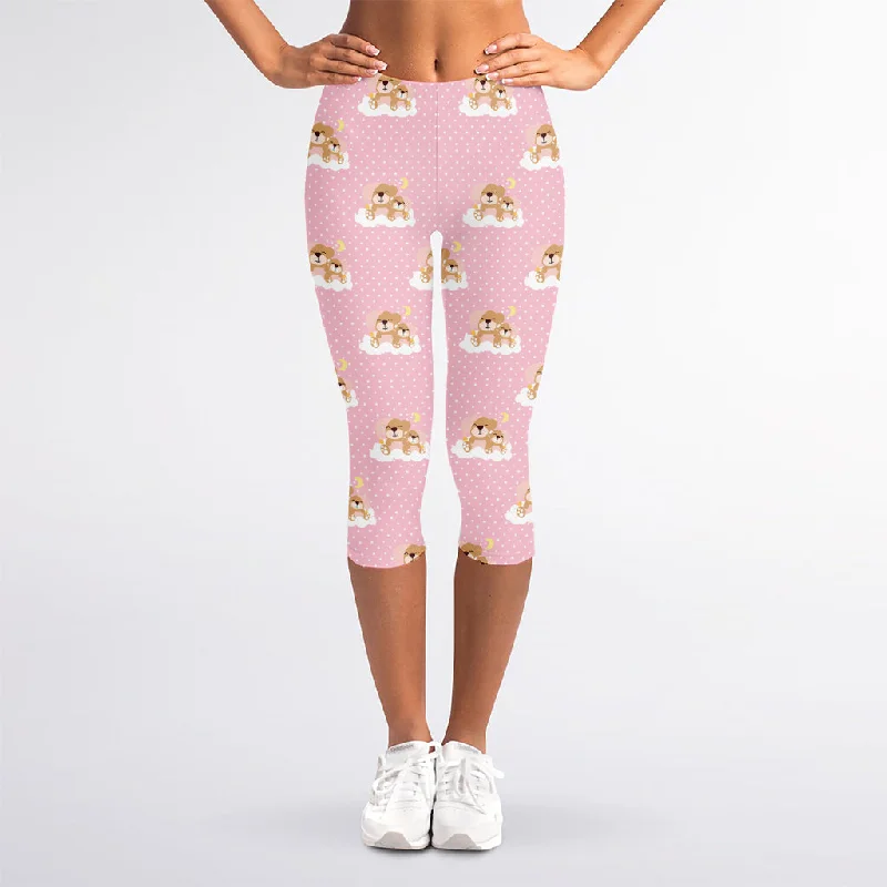 Cute Polka Dot Baby Bear Pattern Print Women's Capri Leggings