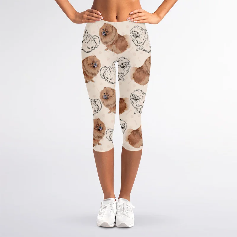 Cute Pomeranian Pattern Print Women's Capri Leggings