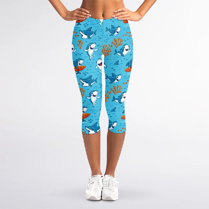 Cute Shark Pattern Print Women's Capri Leggings