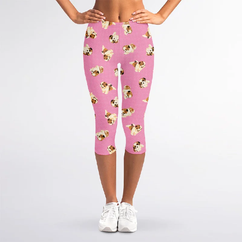 Cute Shih Tzu Pattern Print Women's Capri Leggings