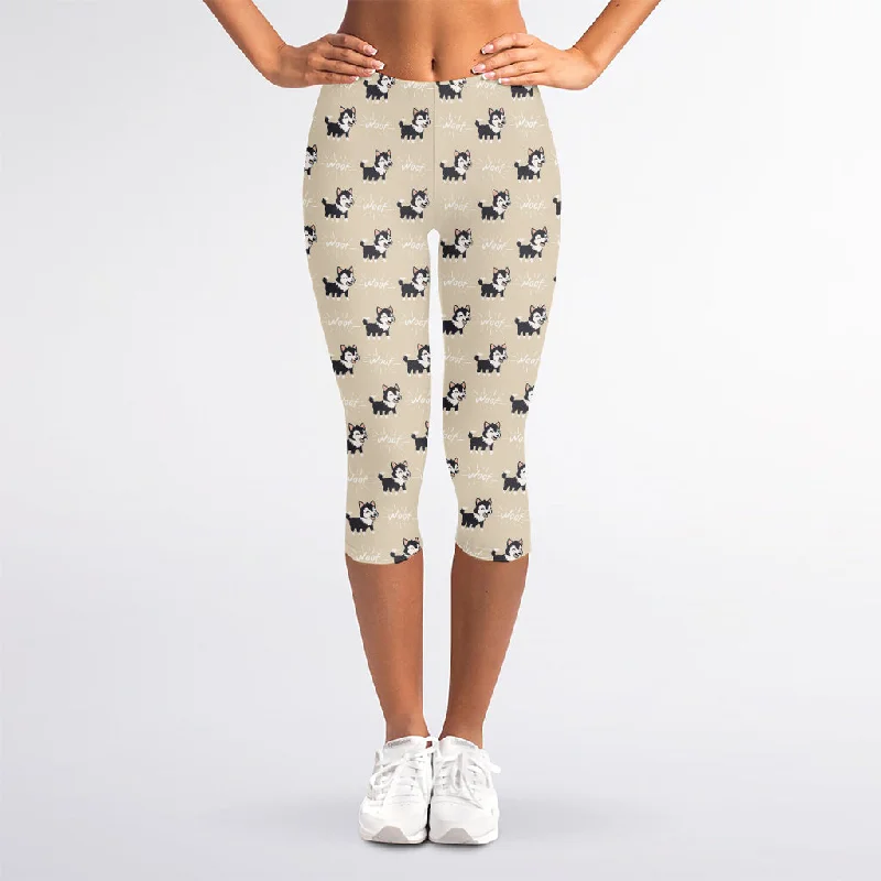 Cute Siberian Husky Pattern Print Women's Capri Leggings