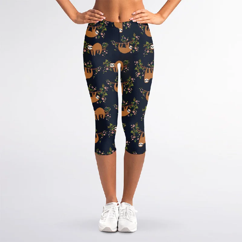 Cute Sloth Pattern Print Women's Capri Leggings