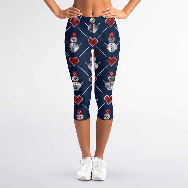 Cute Snowman Knitted Pattern Print Women's Capri Leggings