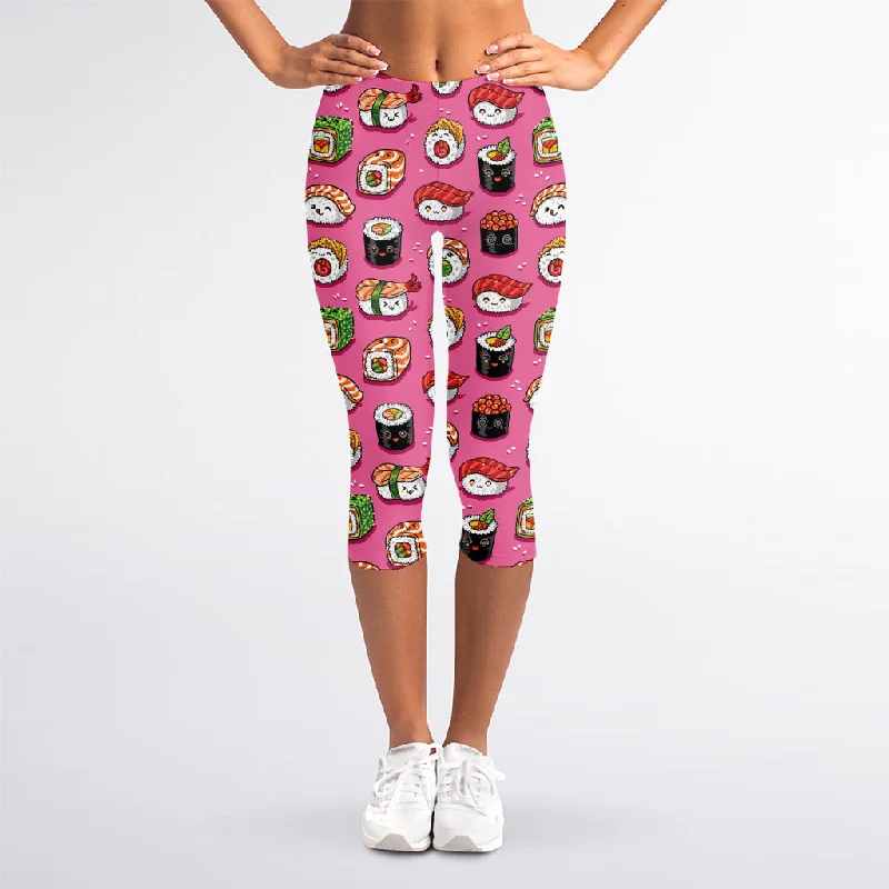 Cute Sushi And Rolls Pattern Print Women's Capri Leggings