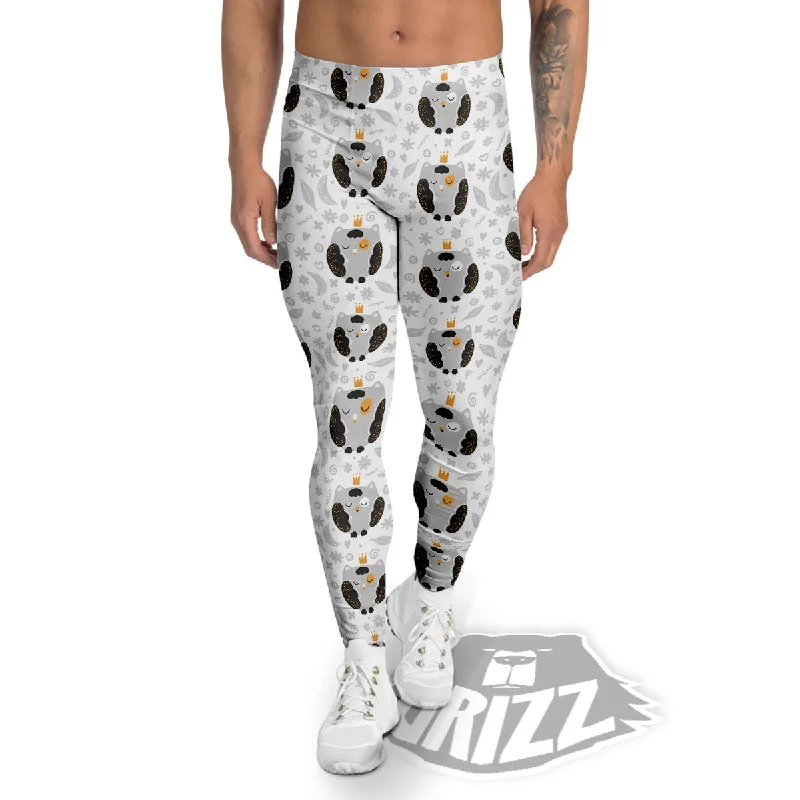 Anniversary Sale Cute White Grey Owl Print Pattern Men's Leggings