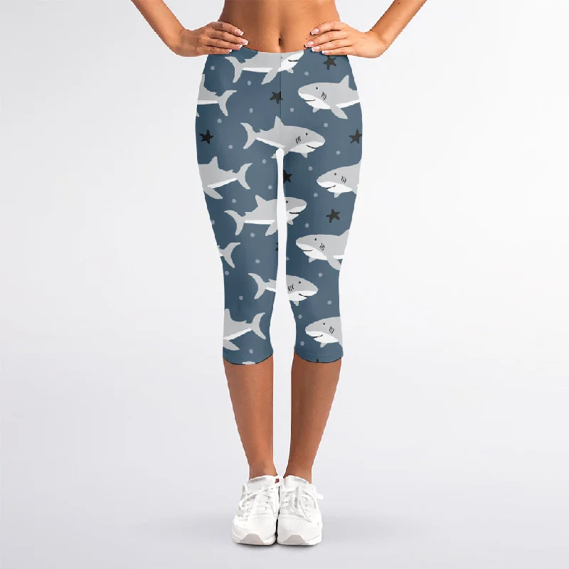 Cute White Shark Pattern Print Women's Capri Leggings