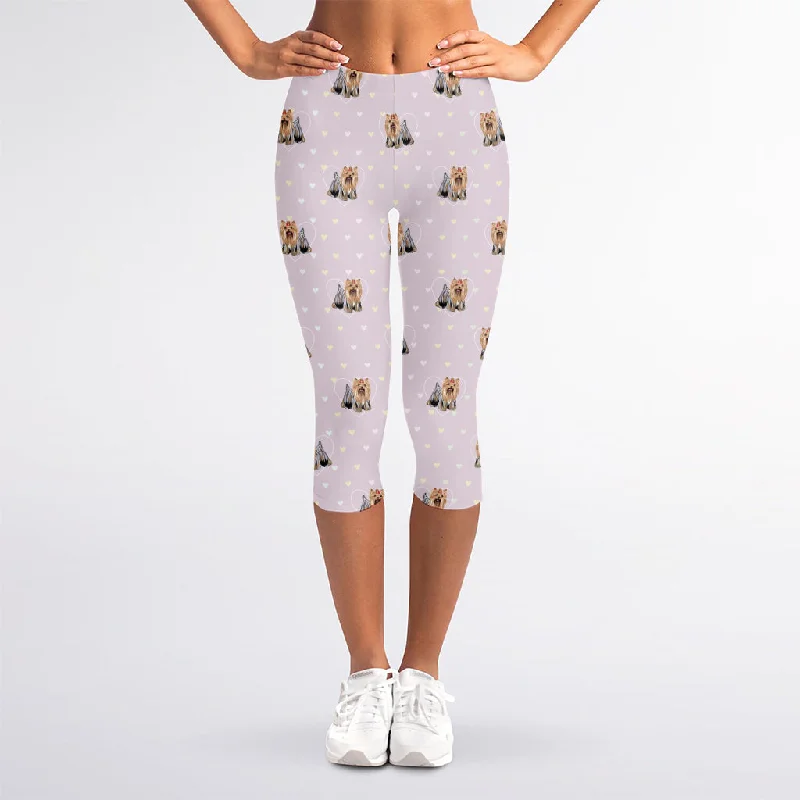 Cute Yorkshire Terrier Pattern Print Women's Capri Leggings