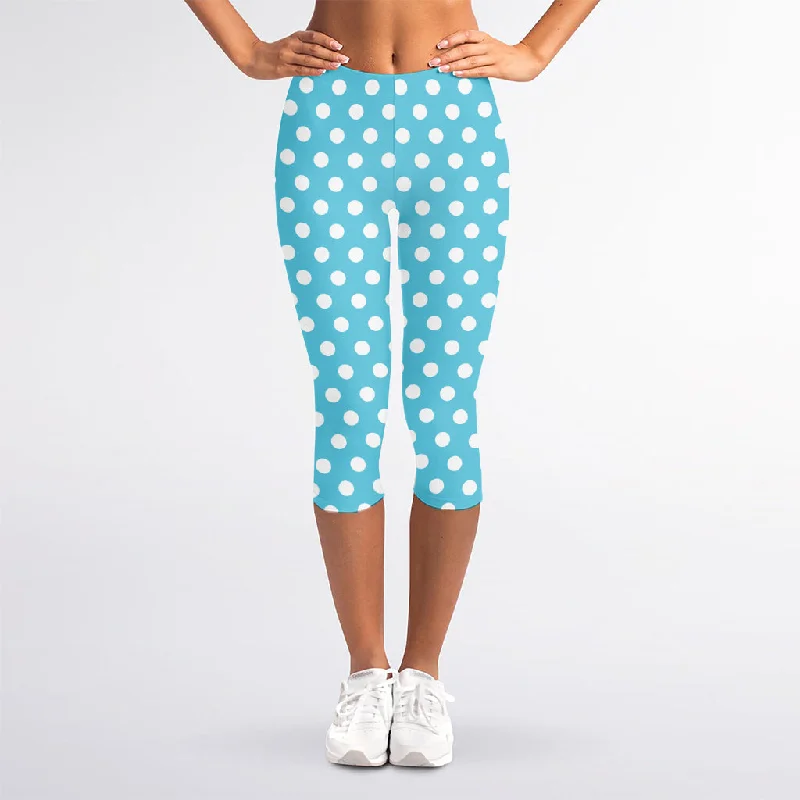 Cyan And White Polka Dot Pattern Print Women's Capri Leggings