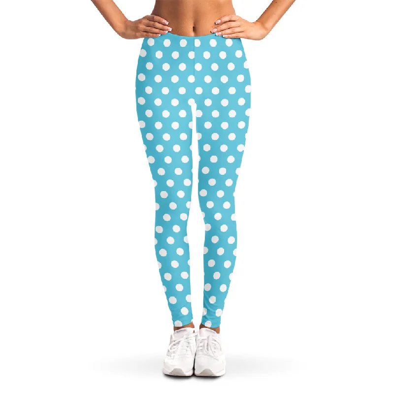 Cyan And White Polka Dot Pattern Print Women's Leggings