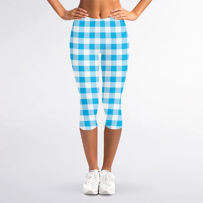 Cyan Blue And White Gingham Print Women's Capri Leggings