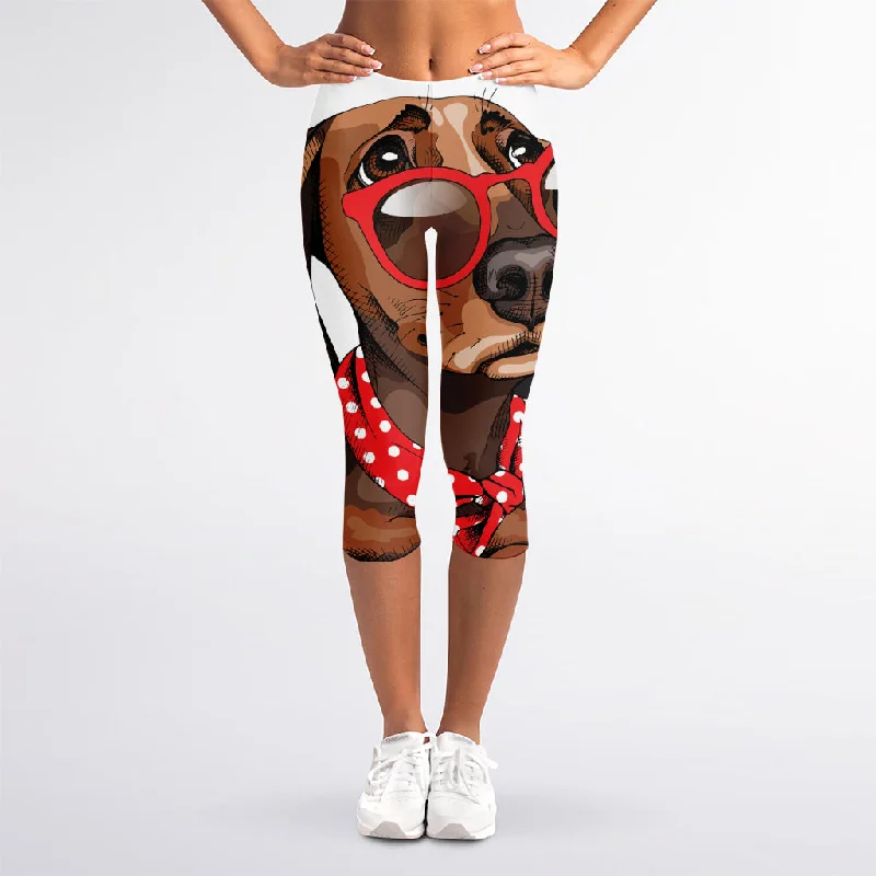 Dachshund With Red Sunglasses Print Women's Capri Leggings