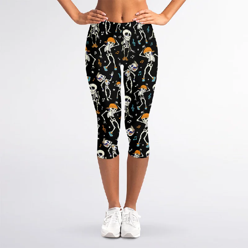 Dancing Skeleton Party Pattern Print Women's Capri Leggings