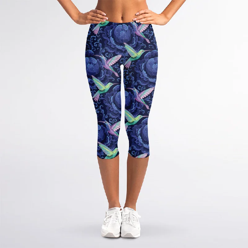 Dark Blue Floral Hummingbird Print Women's Capri Leggings