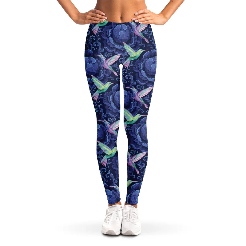 Dark Blue Floral Hummingbird Print Women's Leggings