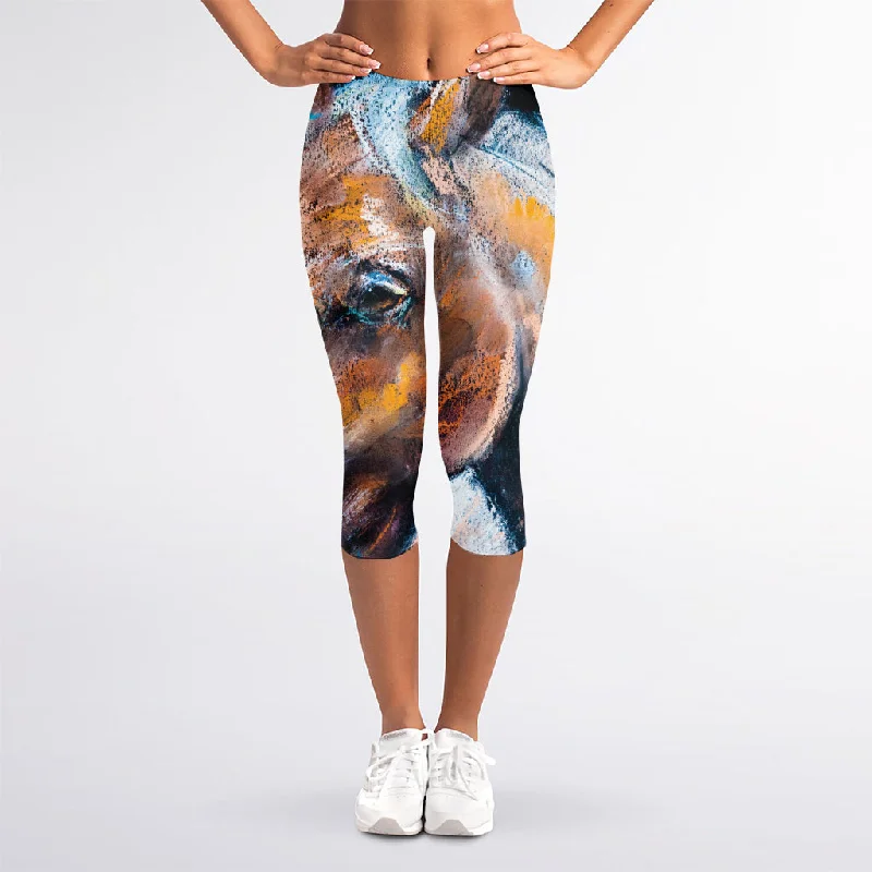 Dark Blue Horse Painting Print Women's Capri Leggings