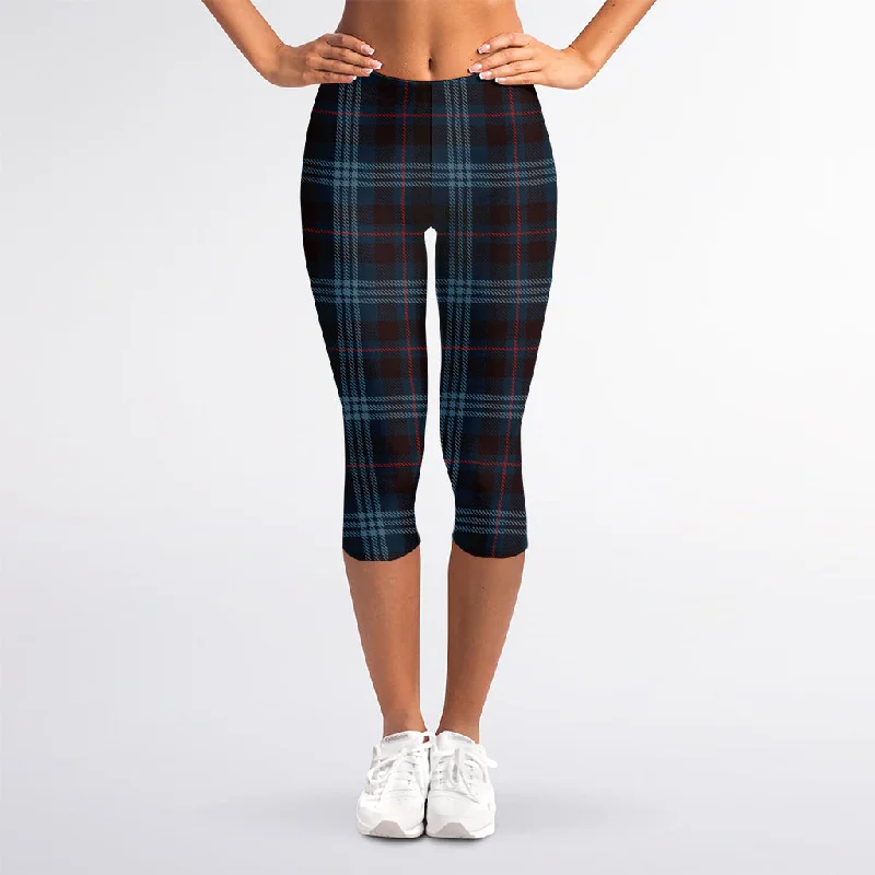 Dark Blue Tartan Pattern Print Women's Capri Leggings