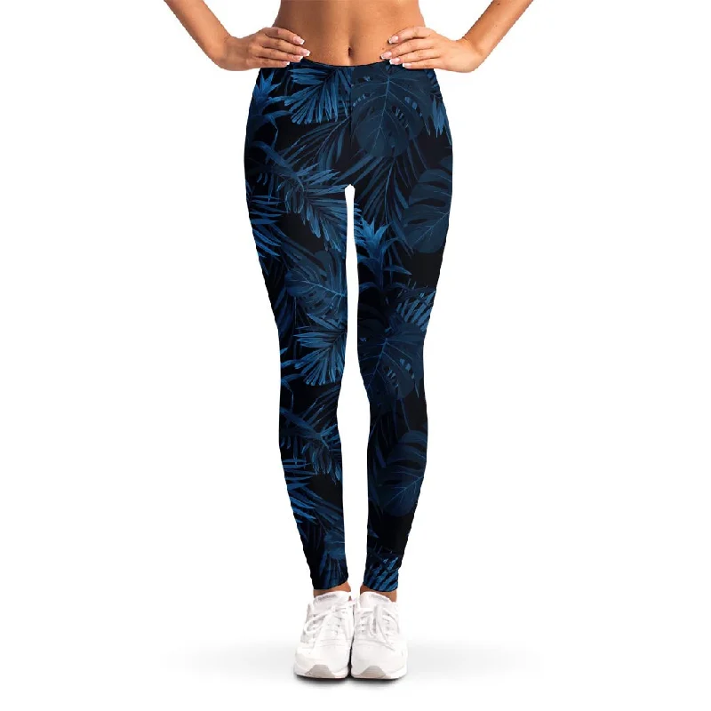 Amazing Deals Dark Blue Tropical Leaf Pattern Print Women's Leggings