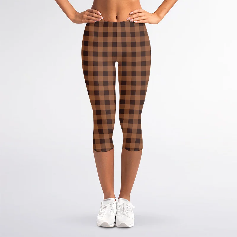 Dark Brown Check Pattern Print Women's Capri Leggings