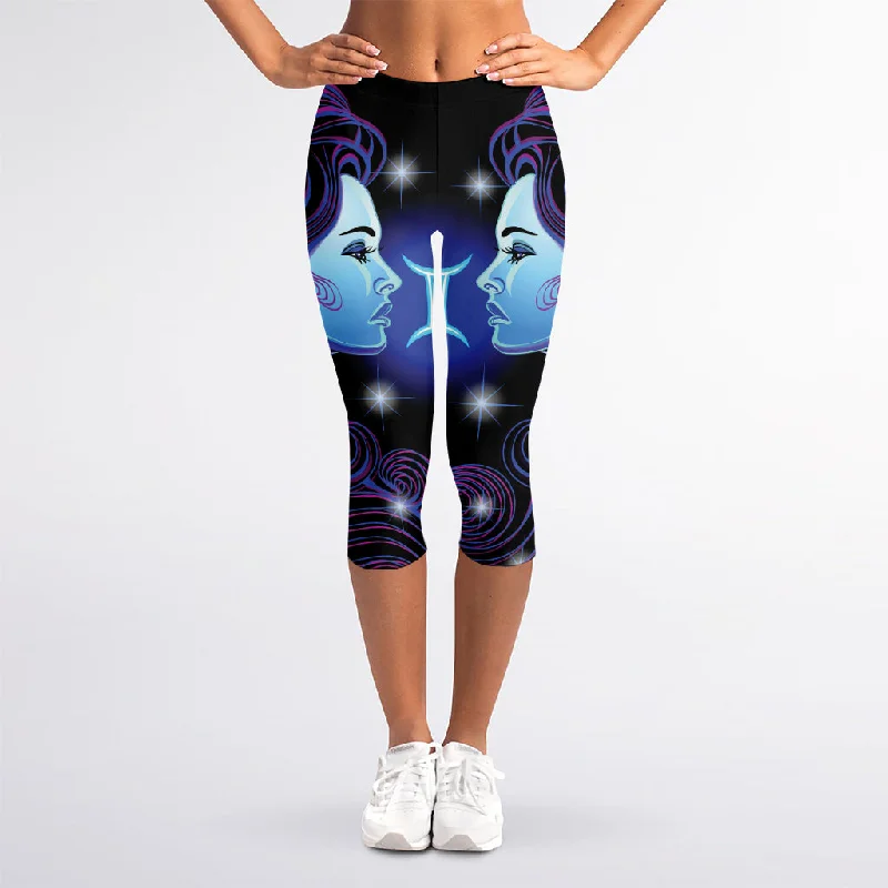 Dark Gemini Zodiac Sign Print Women's Capri Leggings