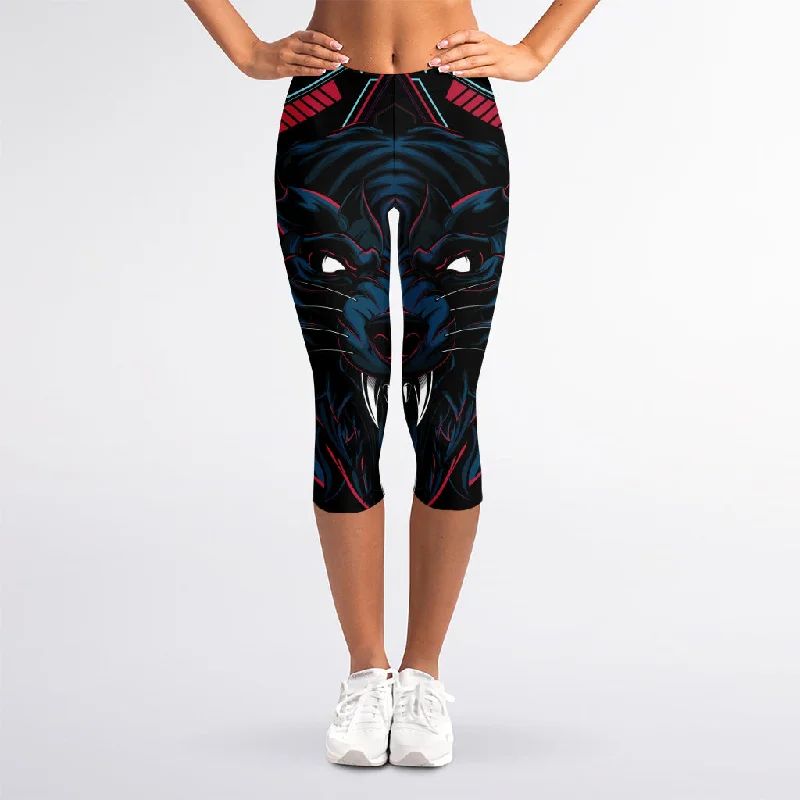 Dark Geometric Wolf Print Women's Capri Leggings