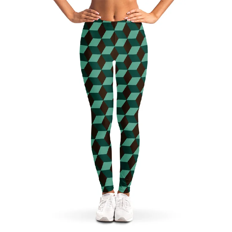 Dark Green Geometric Cube Pattern Print Women's Leggings