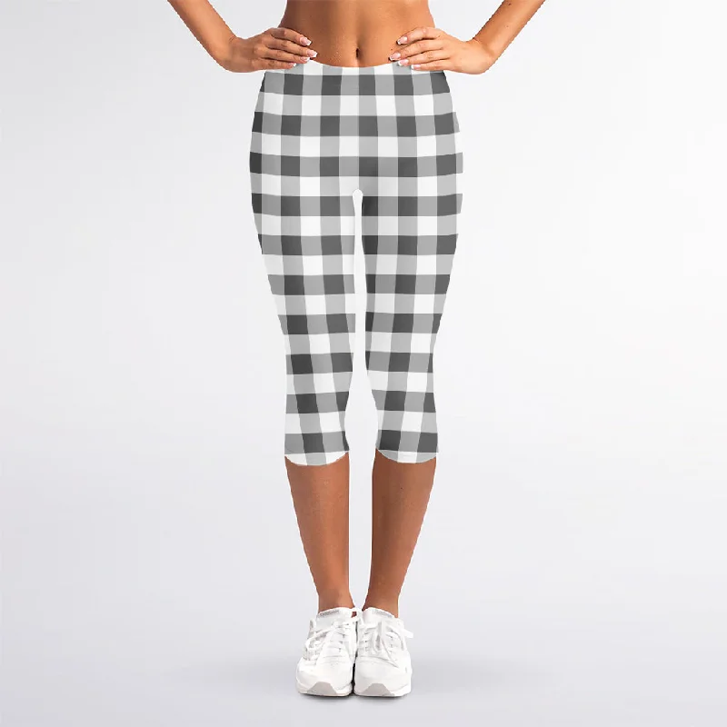 Dark Grey And White Gingham Print Women's Capri Leggings