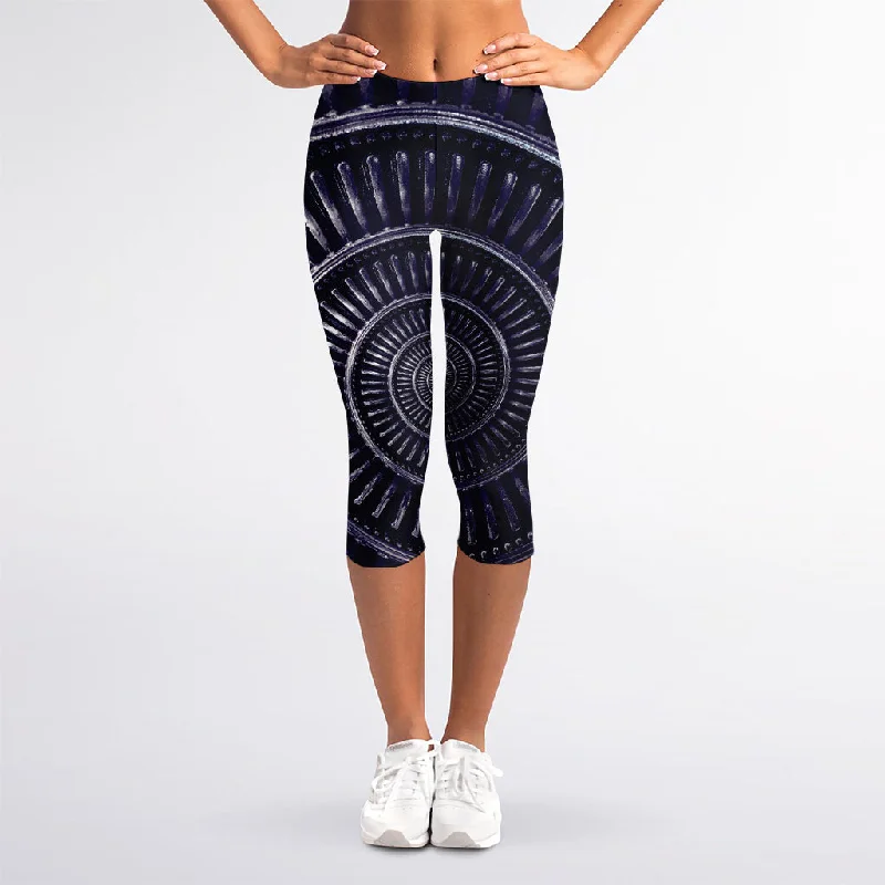 Dark Navy Metal Spiral Print Women's Capri Leggings