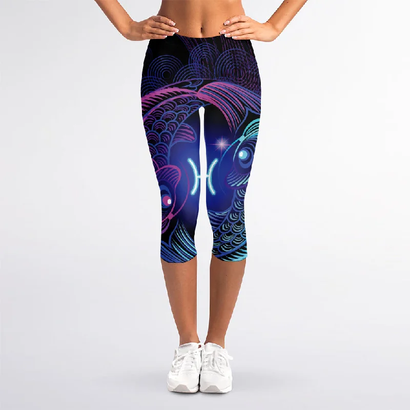 Dark Pisces Zodiac Sign Print Women's Capri Leggings