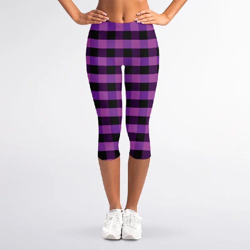 Dark Purple Check Pattern Print Women's Capri Leggings