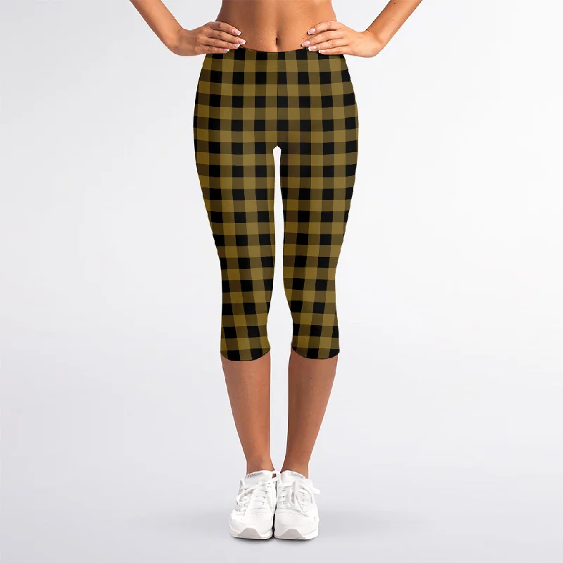 Dark Tan And Black Check Pattern Print Women's Capri Leggings