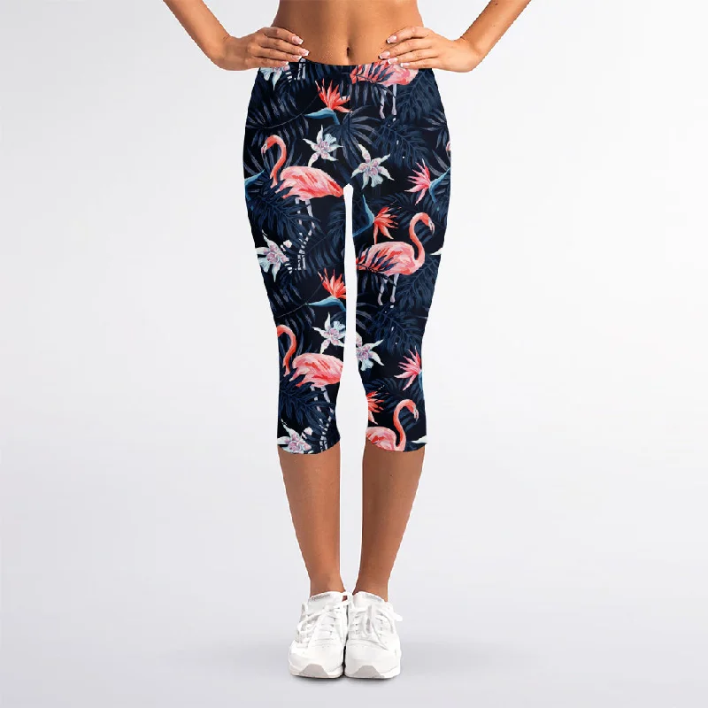 Dark Tropical Flamingo Pattern Print Women's Capri Leggings